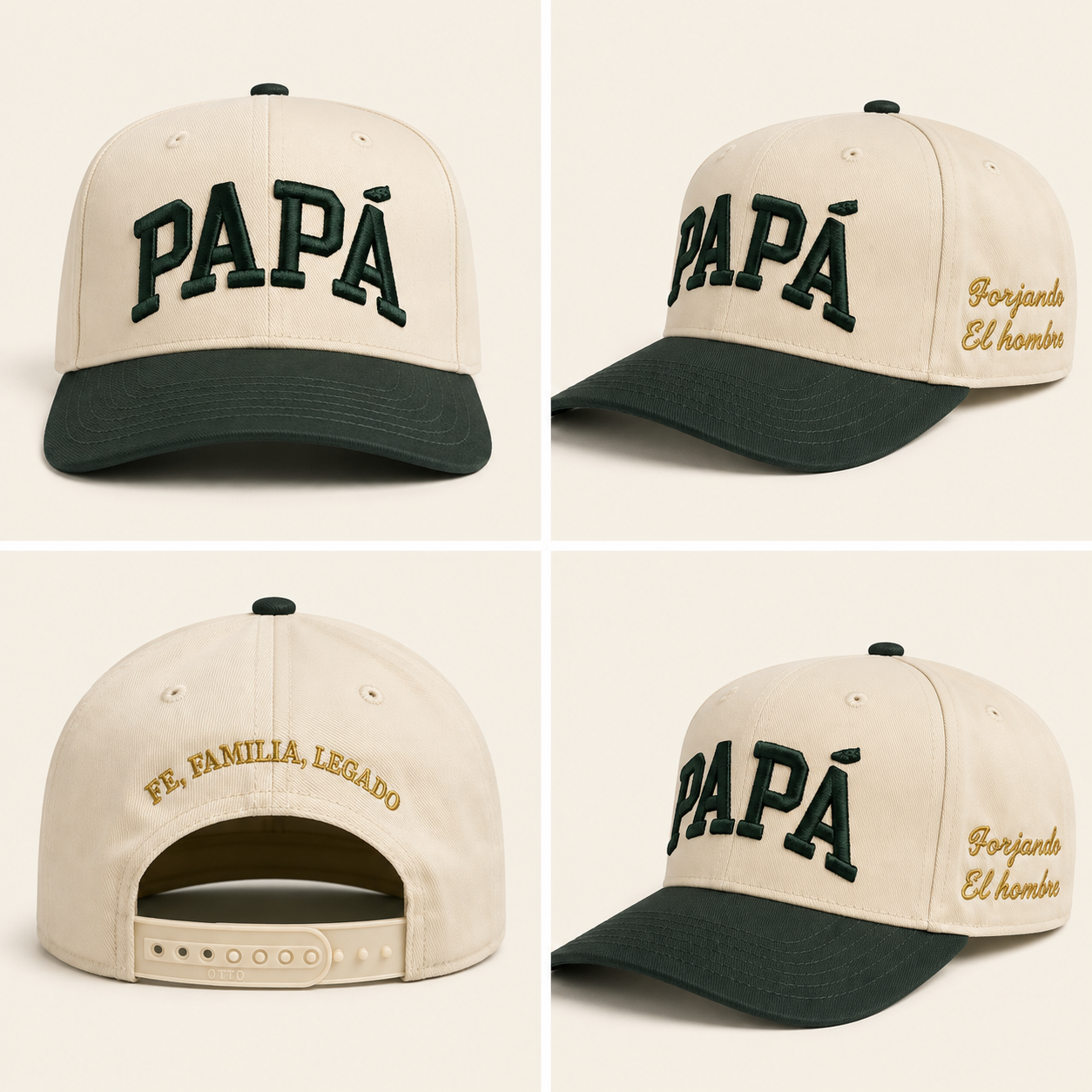 Gorra crema y verde con la palabra PAPÁ bordada al frente